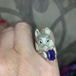 Sterling Silver Squirrel Ring with Purple Amethyst Gemstone